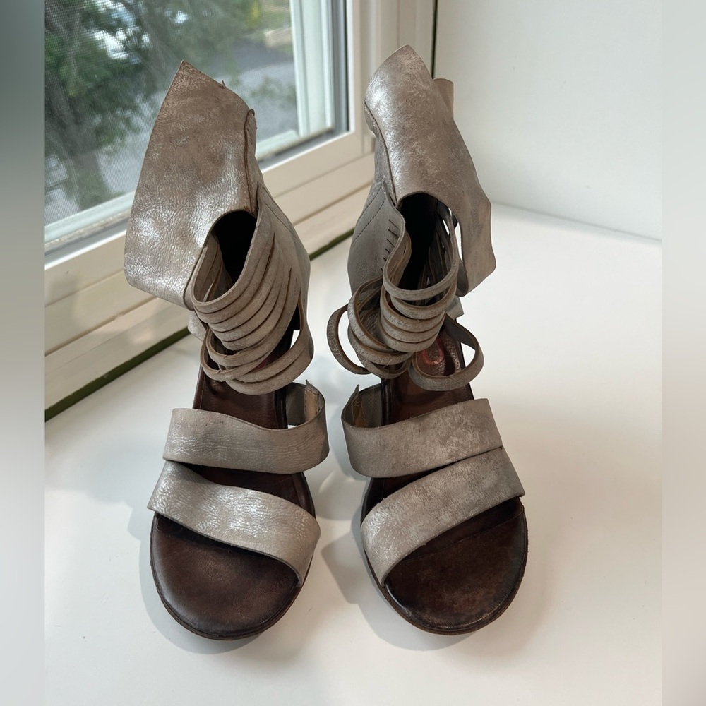 A.S.98 Metallic Silver Gray Strappy Sculpted Heel Sandals 37 - Picture 2 of 14